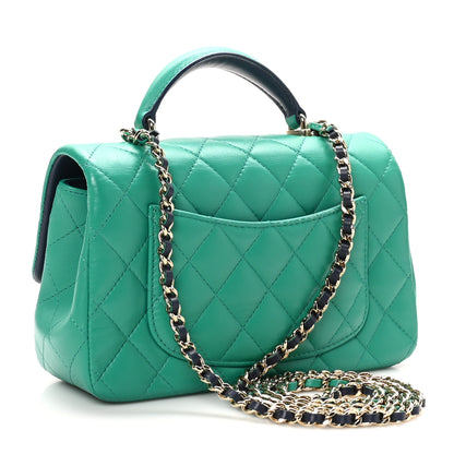 Chanel Lambskin Quilted Bi-Color Mini Top Handle Rectangular Flap Green Dark Blue 3 of 10