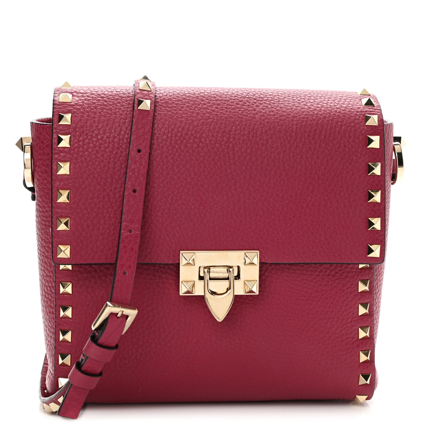 Pebbled Calfskin Rockstud Flip Lock Flap Messenger Raspberry