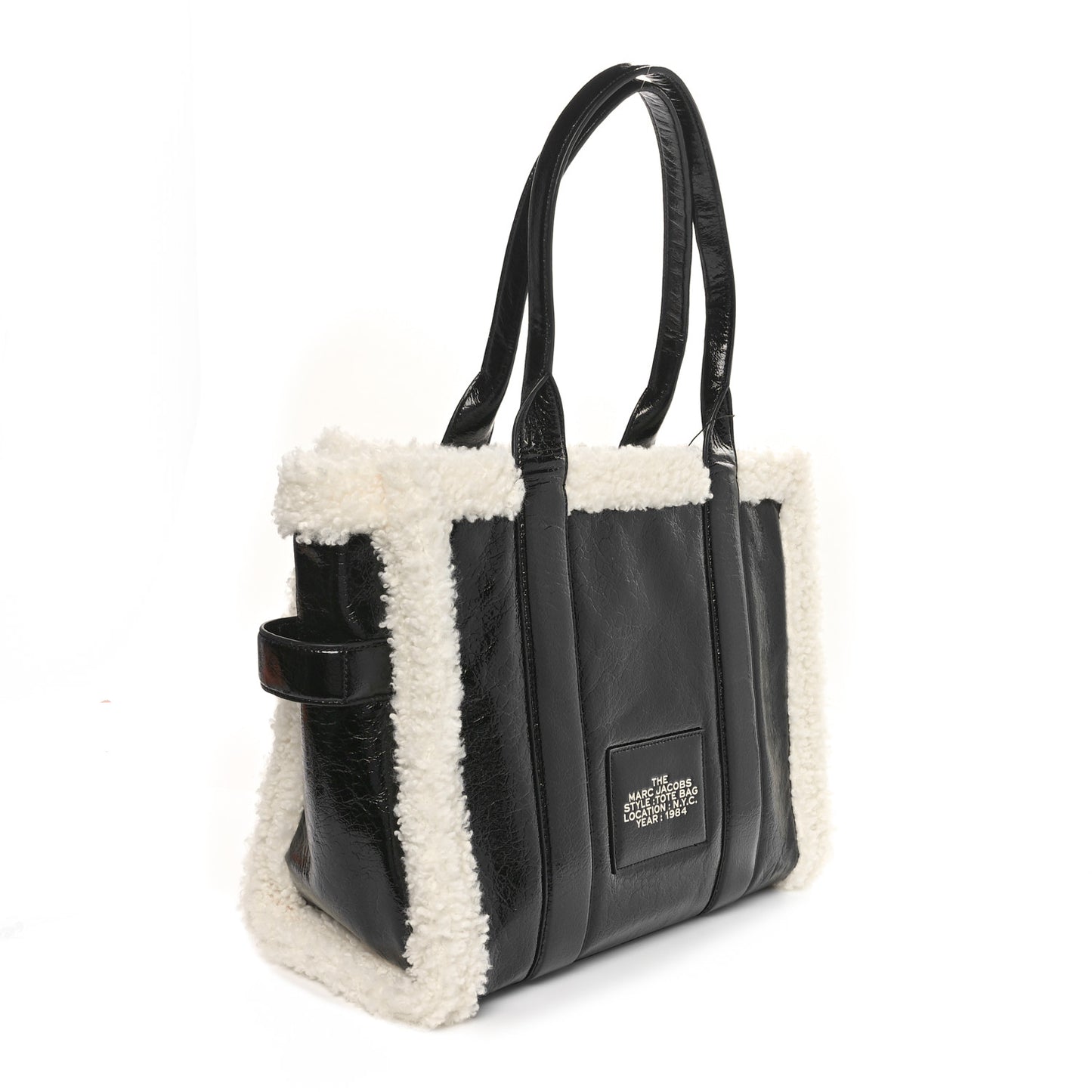 Shiny Calfskin Faux Shearling Large The Traveler Tote Bag Black