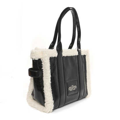Marc Jacobs Shiny Calfskin Faux Shearling Large The Traveler Tote Bag Black 3 of 9
