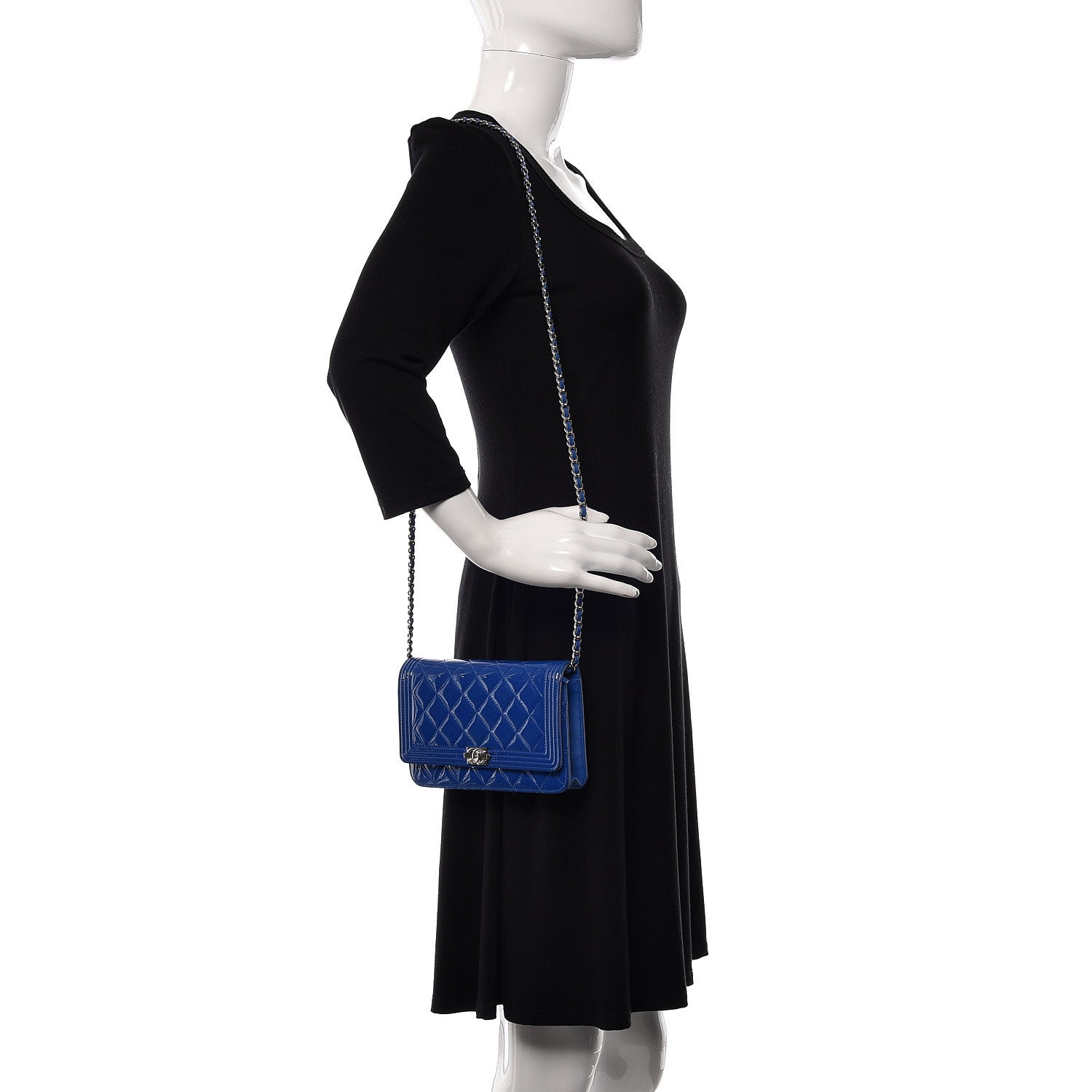 Chanel Patent Calfskin Quilted Boy Wallet On Chain WOC Dark Blue 2 of 12