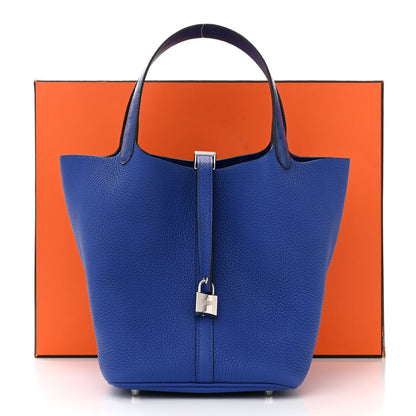 Hermes Taurillon Clemence Ostrich Touch Picotin Lock 22 Bleu Electrique 12 of 12