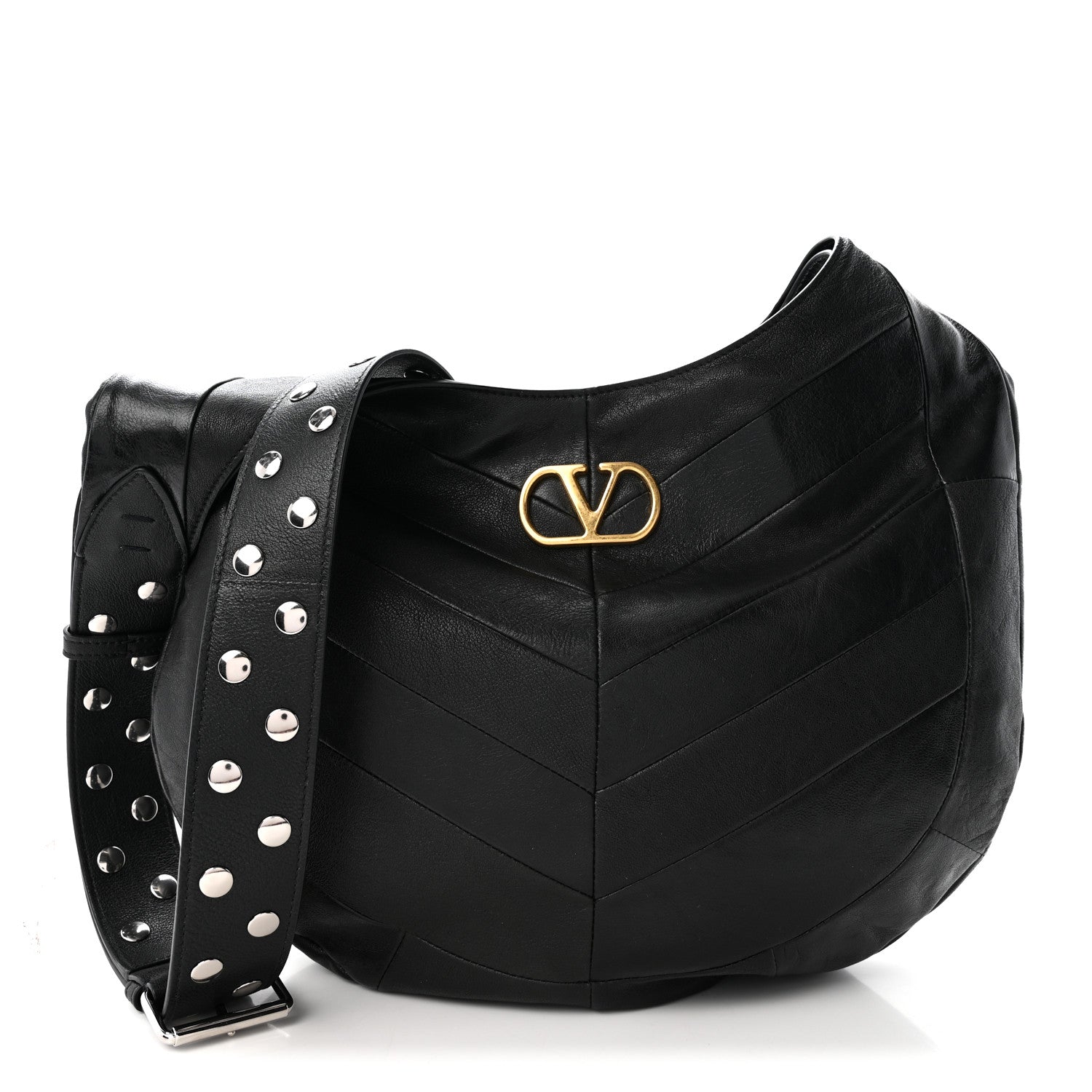 Valentino Garavani Shiny Nappa Chevron Patchwork Small Hoboho Bag Black 1 of 9