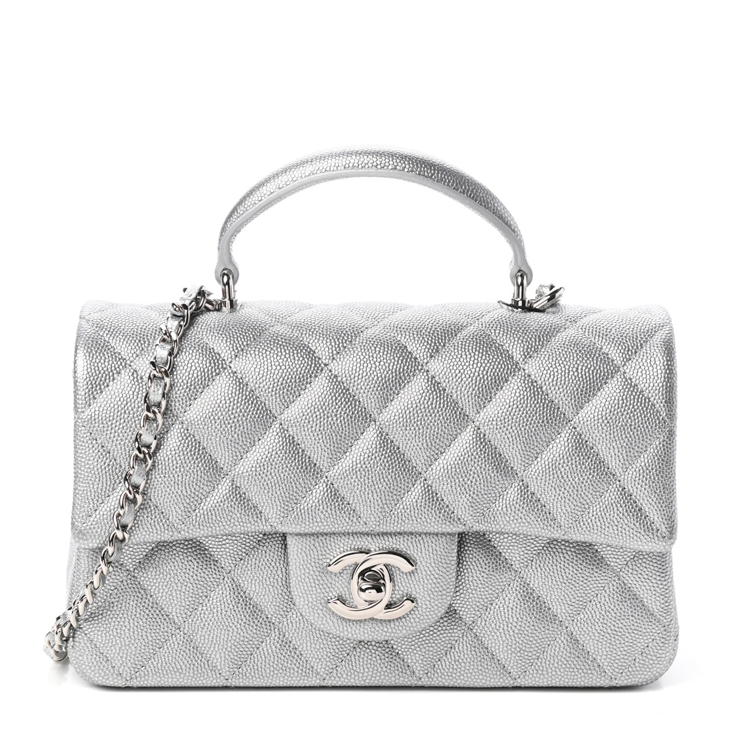 Metallic Caviar Quilted Mini Top Handle Rectangular Flap Silver