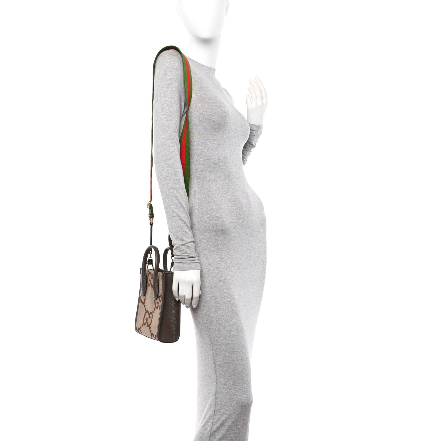 Gucci Monogram Jumbo GG Textured Dollar Calfskin Web Mini Vertical Tote Camel Ebony New Acero 2 of 10