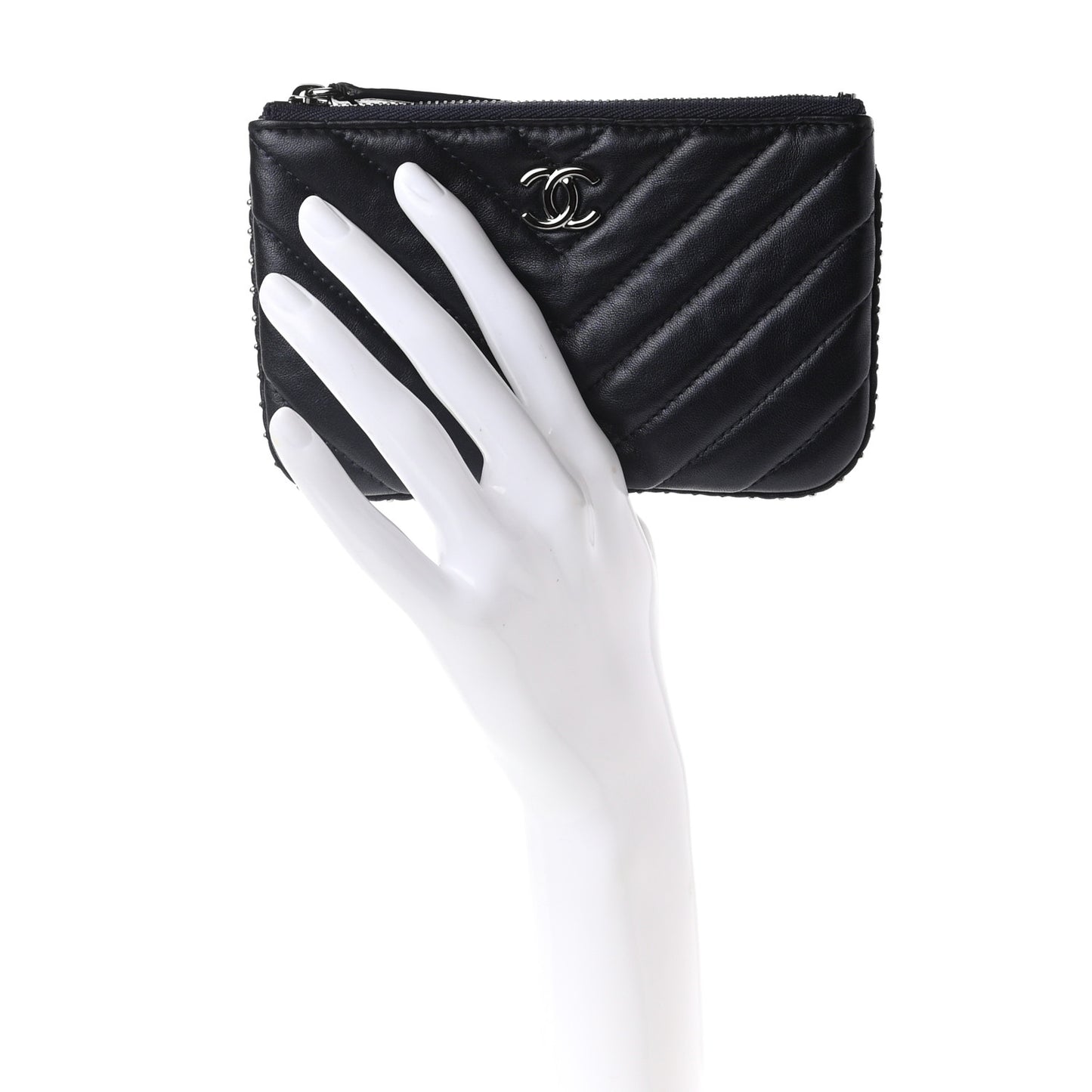 Lambskin Chevron Quilted Studded Small Cosmetic Case Dark Navy