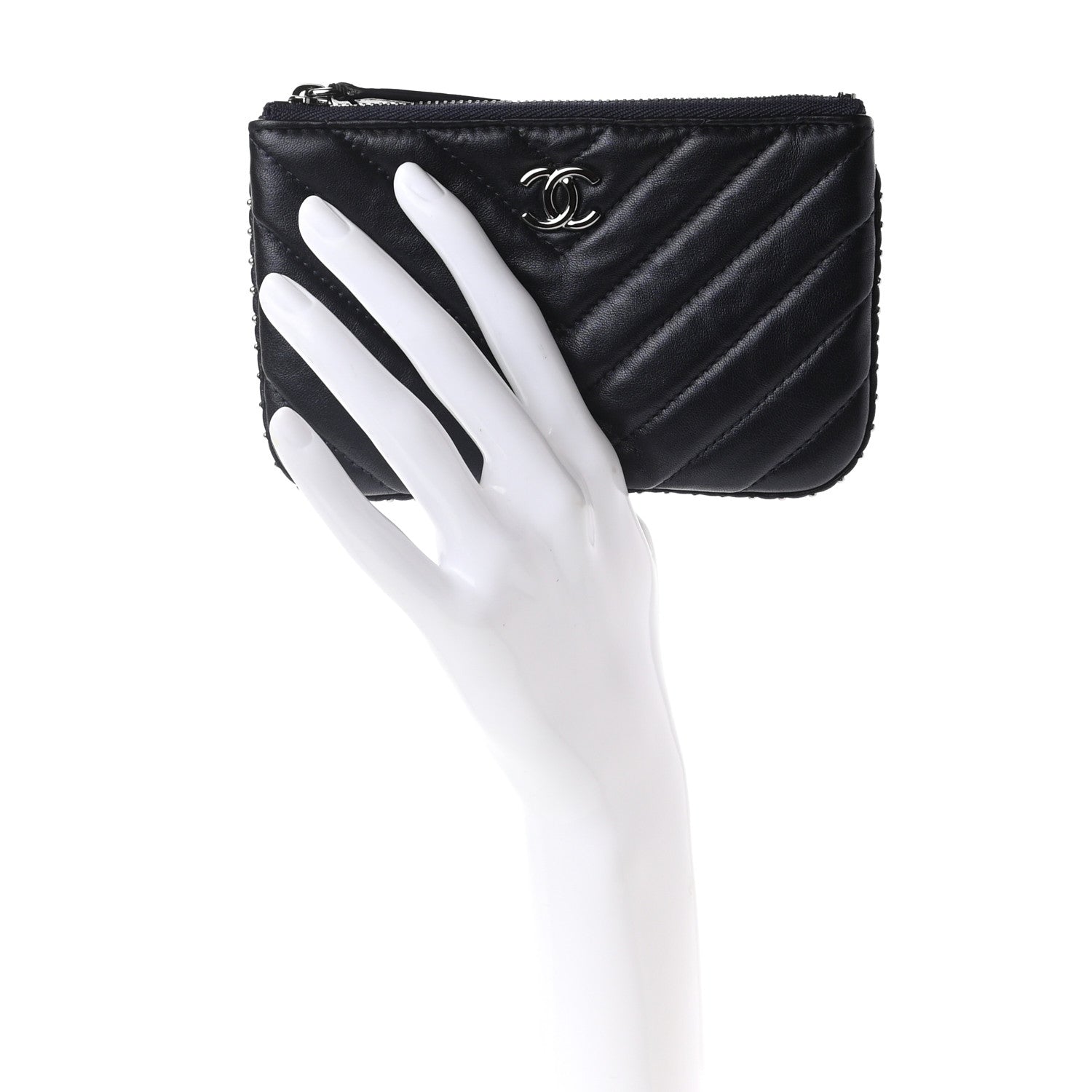 Chanel Lambskin Chevron Quilted Studded Small Cosmetic Case Dark Navy 2 of 7