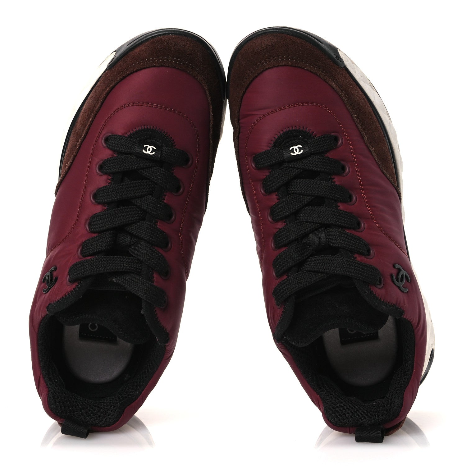 Chanel Nylon Suede Calfskin CC Sneakers 38 Burgundy Brown 1848285