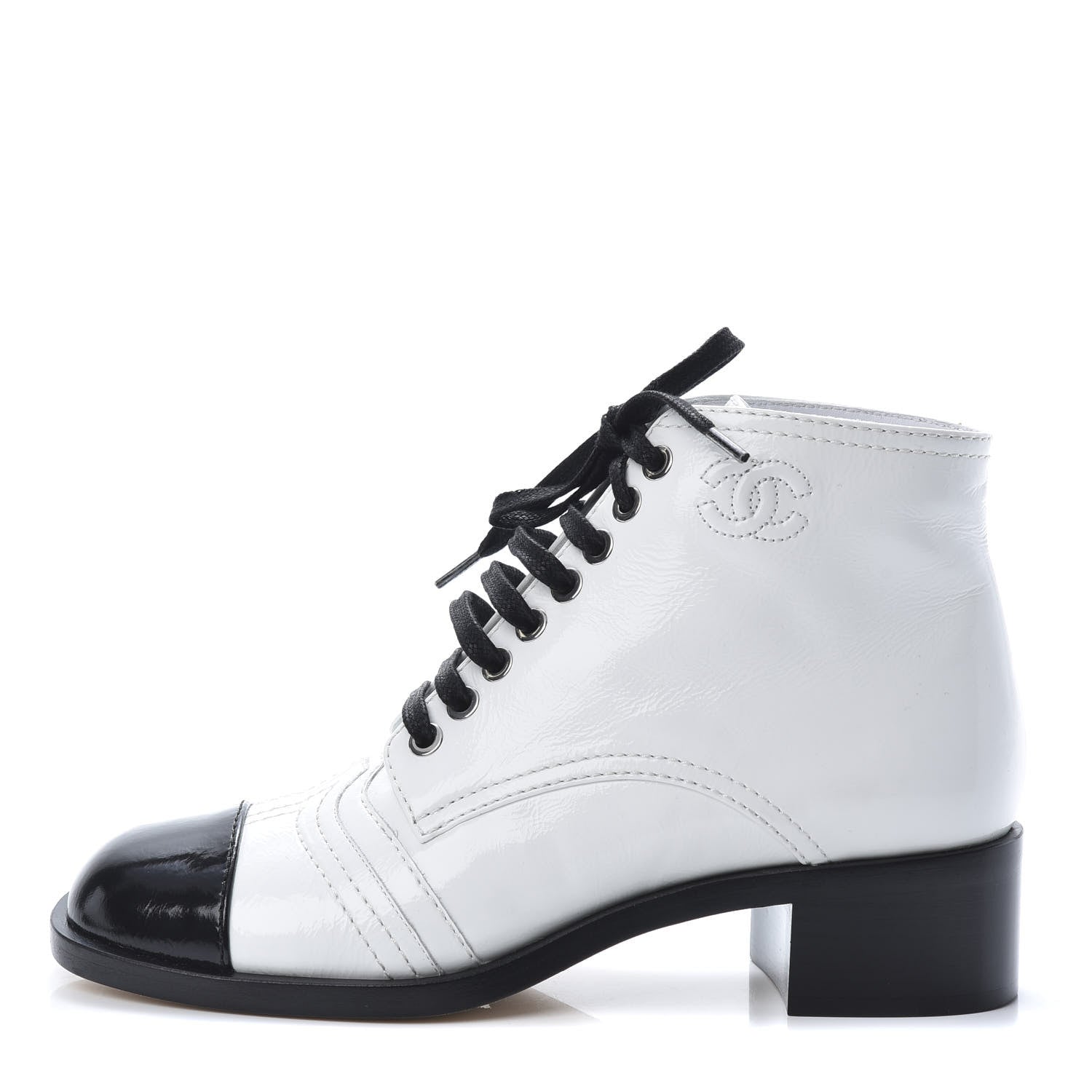 Chanel Patent Calfskin CC Lace Up Boots 35.5 White Black 1 of 10