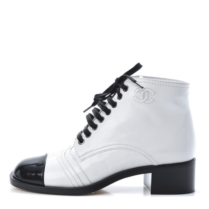 Chanel Patent Calfskin CC Lace Up Boots 35.5 White Black 1 of 10