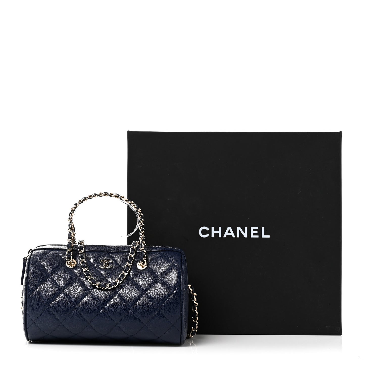 Caviar Quilted Barrel Clutch With Chain  Navy