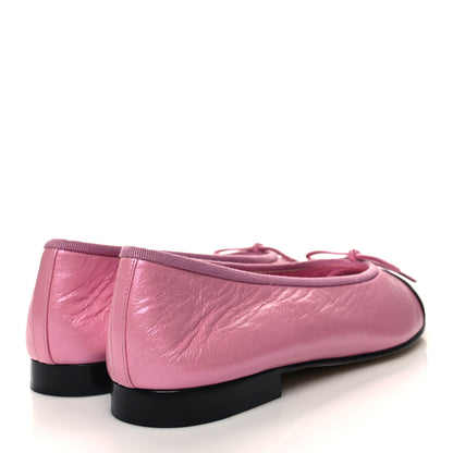 Chanel Laminated Crumpled Lambskin Cap Toe CC Ballerina Flats 39.5 Pink Black 4 of 10