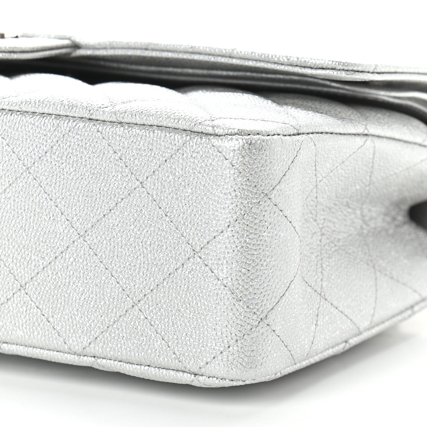 Glittered Metallic Caviar Quilted Medium Double Flap Silver