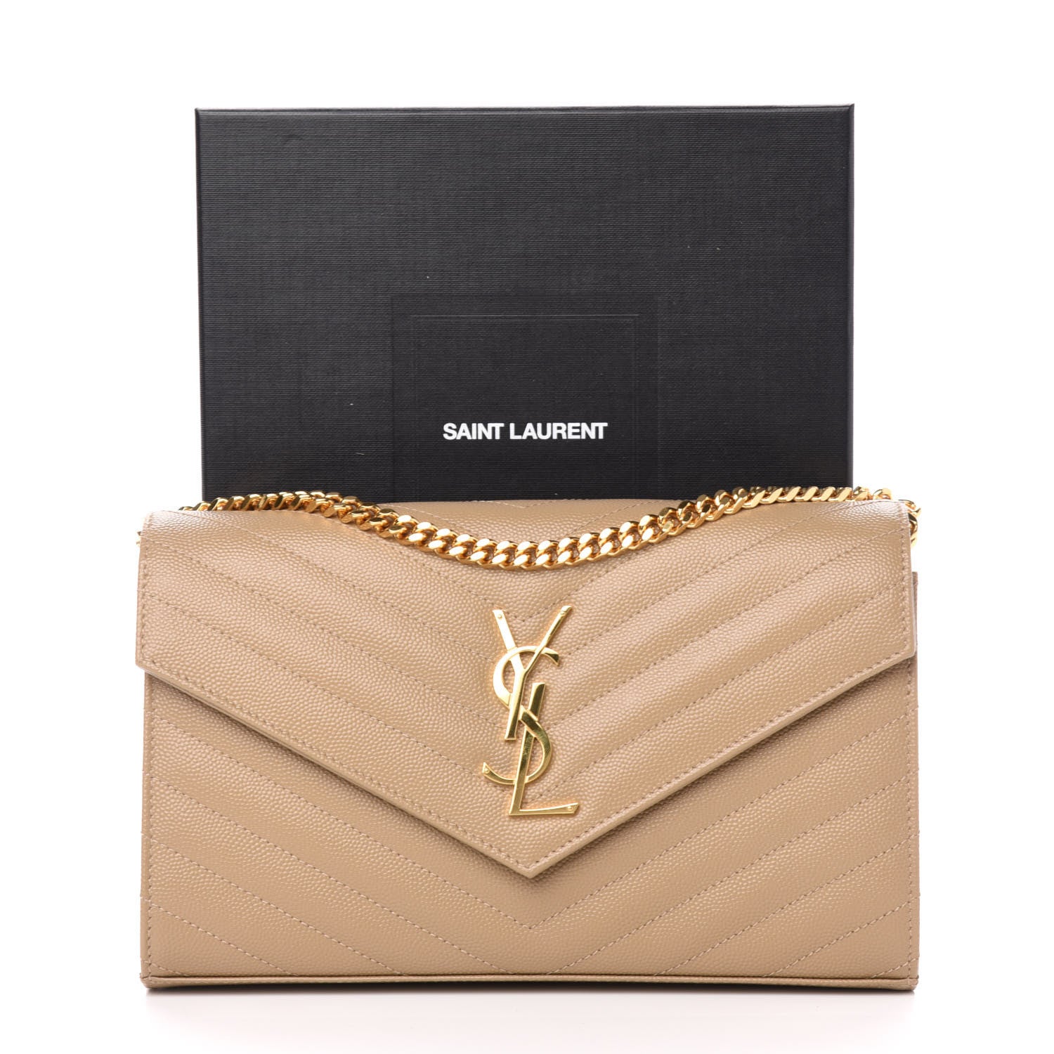 Saint Laurent Grain De Poudre Matelasse Chevron Monogram Chain Wallet Deep Beige 10 of 10