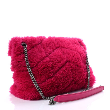 Saint Laurent Merino Shearling Lambskin Quilted Small Loulou Puffer Monogram Chain Satchel Fuchsia 2 of 6