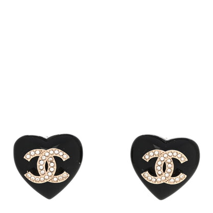 Chanel Resin Crystal CC Heart Earrings Black Gold 1 of 5