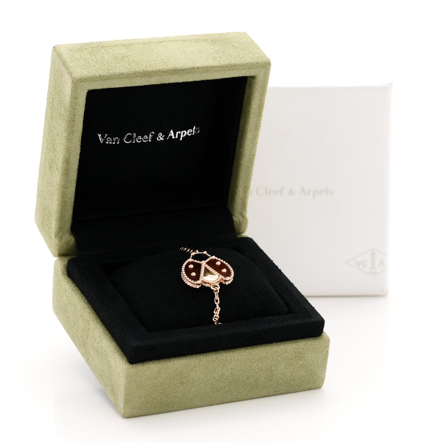 18K Rose Gold Carnelian Onyx Lucky Spring Open Wing Lady Bug Bracelet