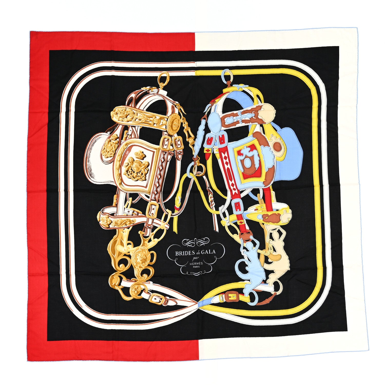 Hermes Silk Cashmere Brides De Gala Applique Pique Shawl 140 Rouge Black Bleu Ciel 1 of 3