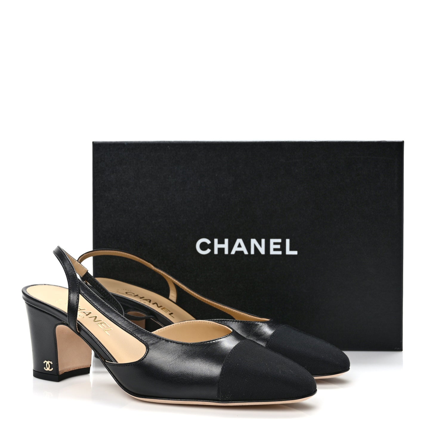 Lambskin Patent Cap Toe CC Slingback Pumps 39.5 Black