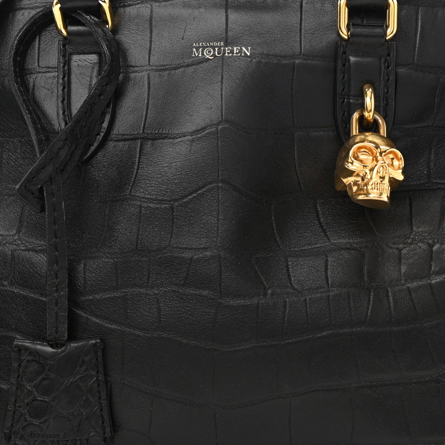 Calfskin Crocodile Embossed Small Skull Padlock Zip Around Tote Black