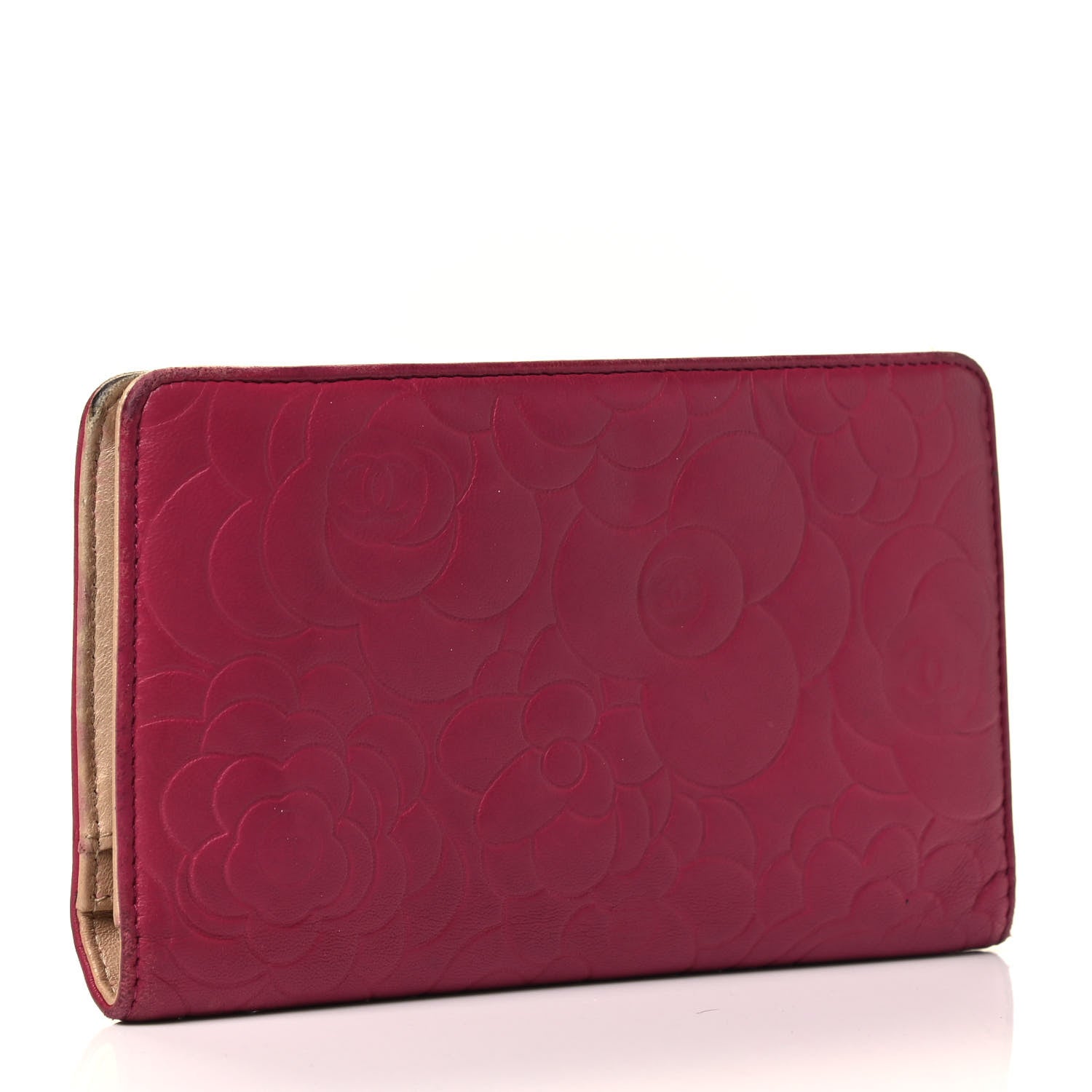 Chanel Lambskin Camellia Embossed Yen Wallet Fuchsia 2 of 4