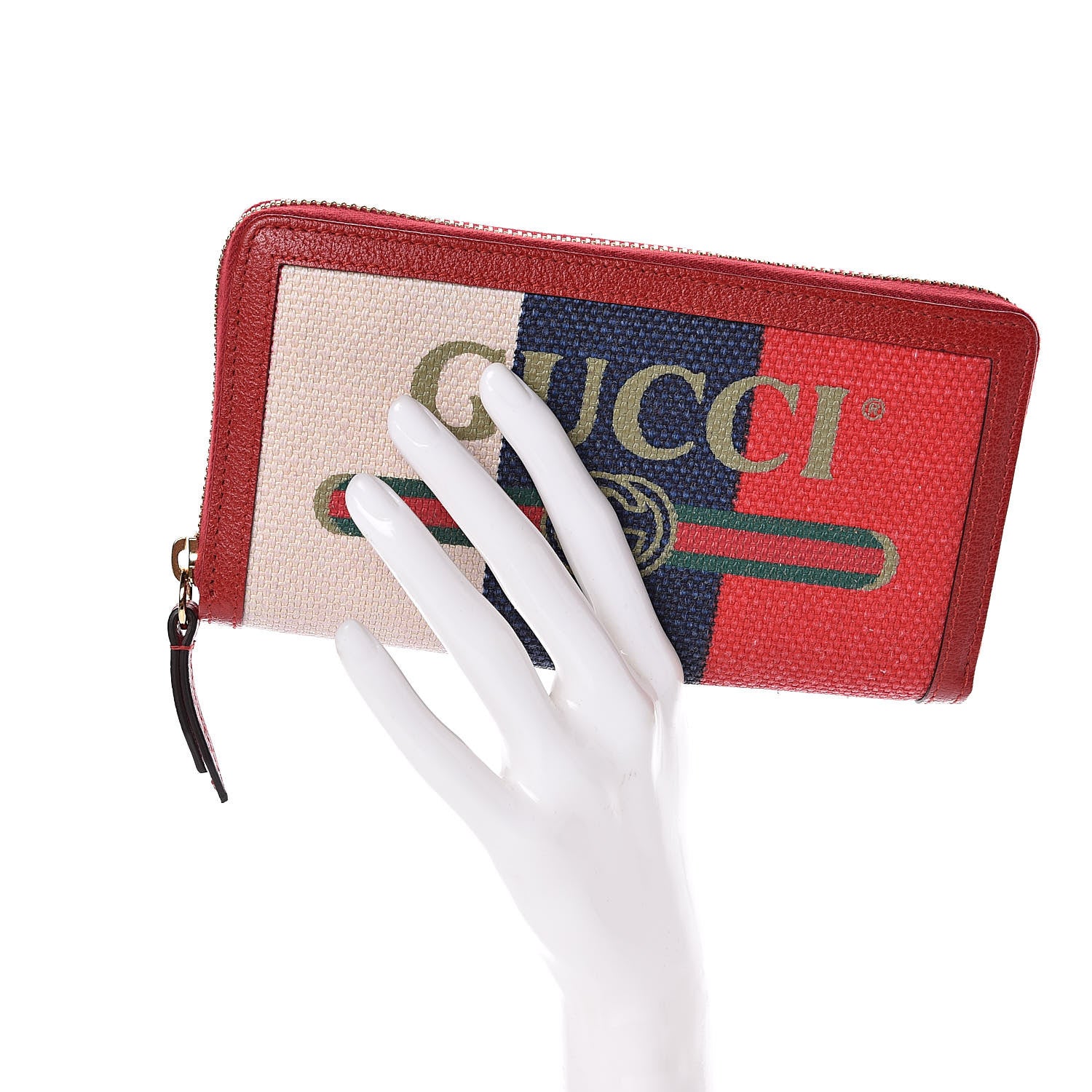 Gucci Canvas Sylvie Stripe Logo Zip Around Wallet Mystic White Hibiscus Red Maritime 2 of 8