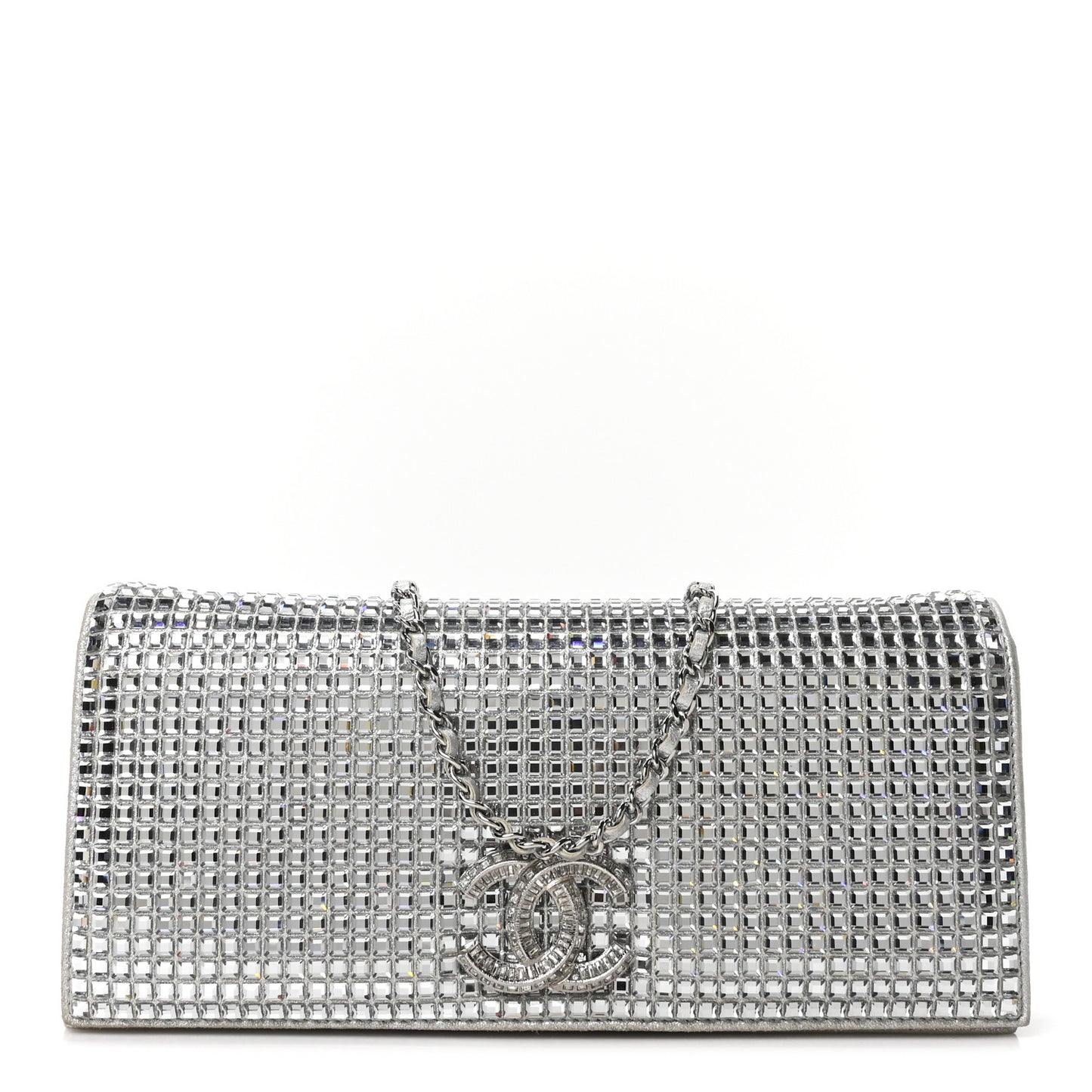 Metallic Goatskin Strass Chain Evening Clutch Silver