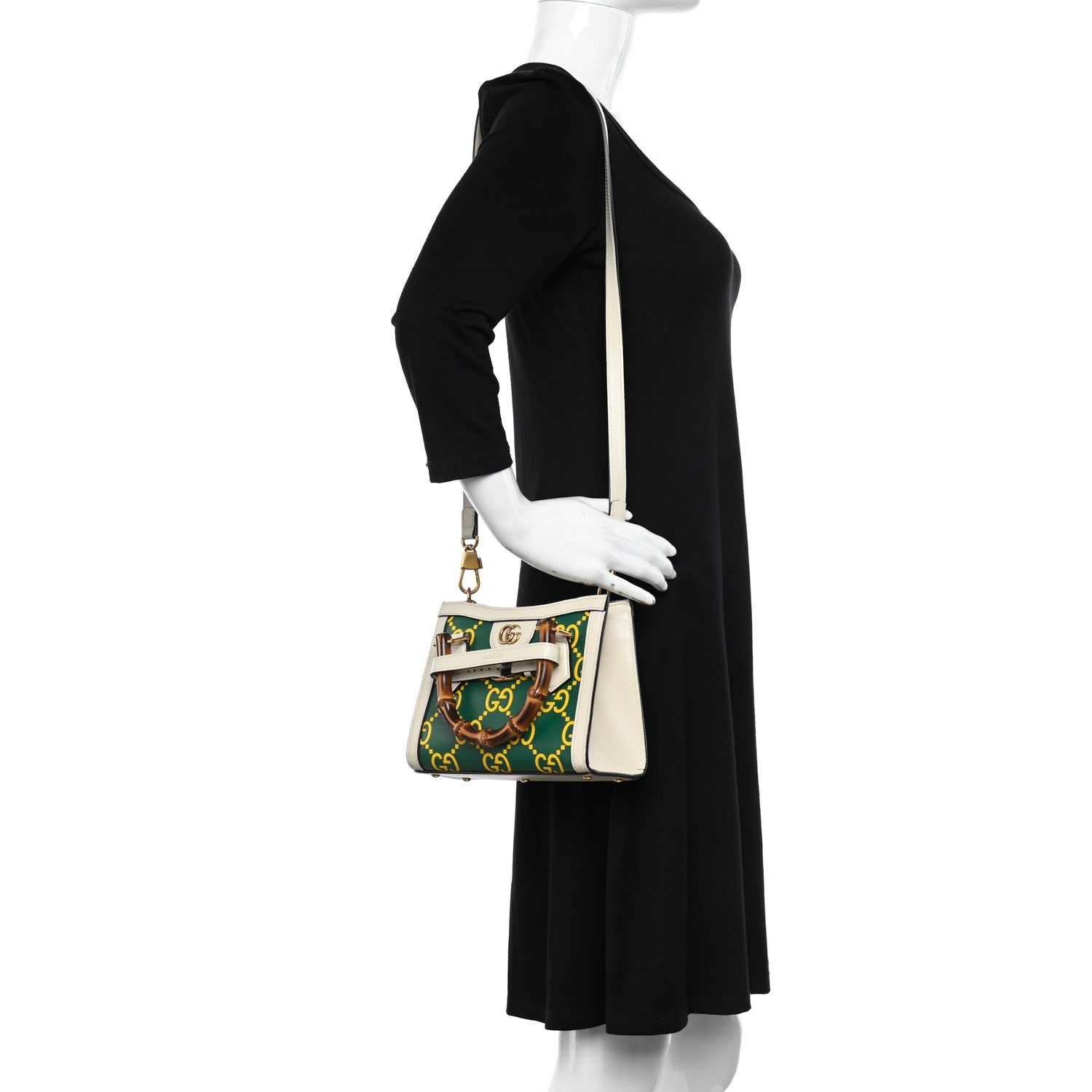 Gucci Azalea Calfskin GG Monogram Bi-Color Debossed Mini Diana Tote Bag Emerald Stone Topaz Mystic White 2 of 10