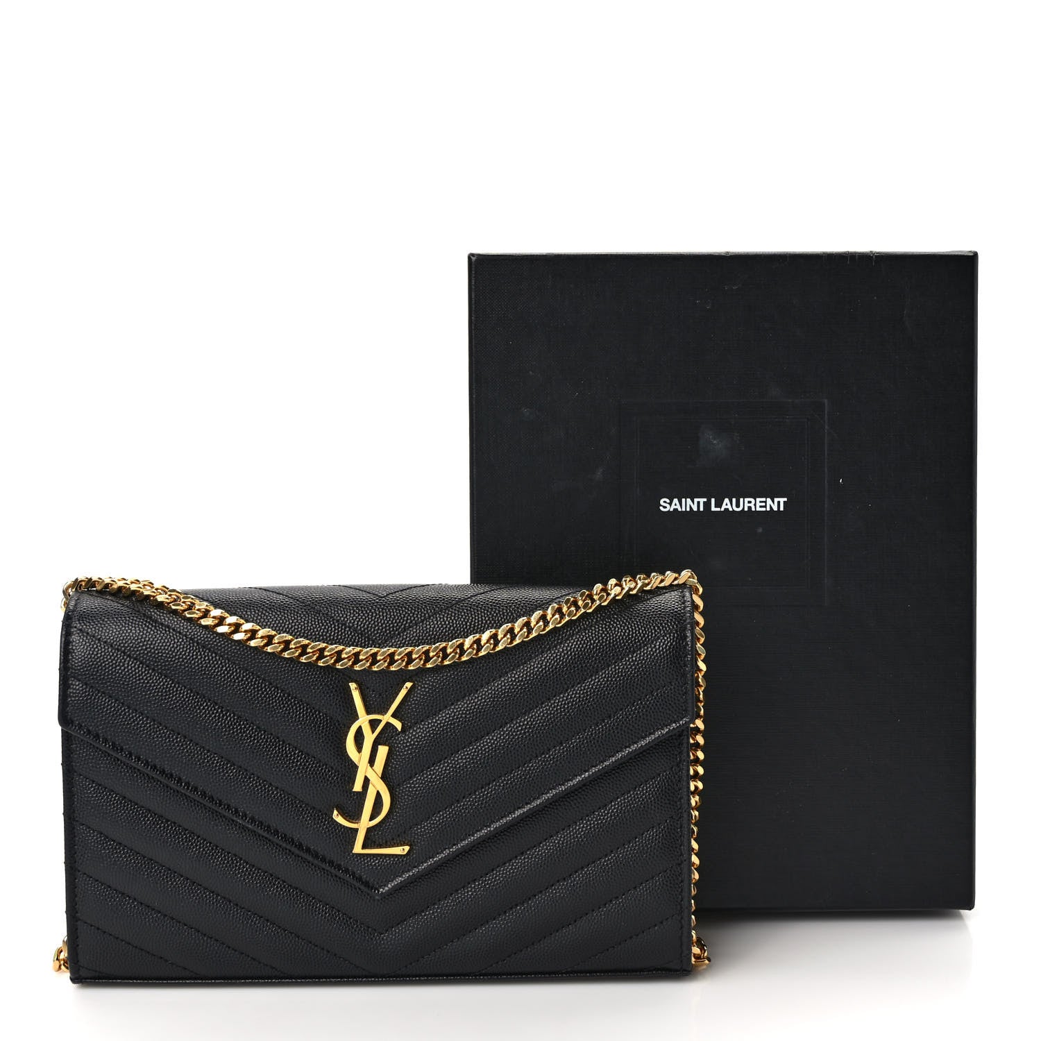 Saint Laurent Grain De Poudre Matelasse Chevron Monogram Chain Wallet Black 9 of 9