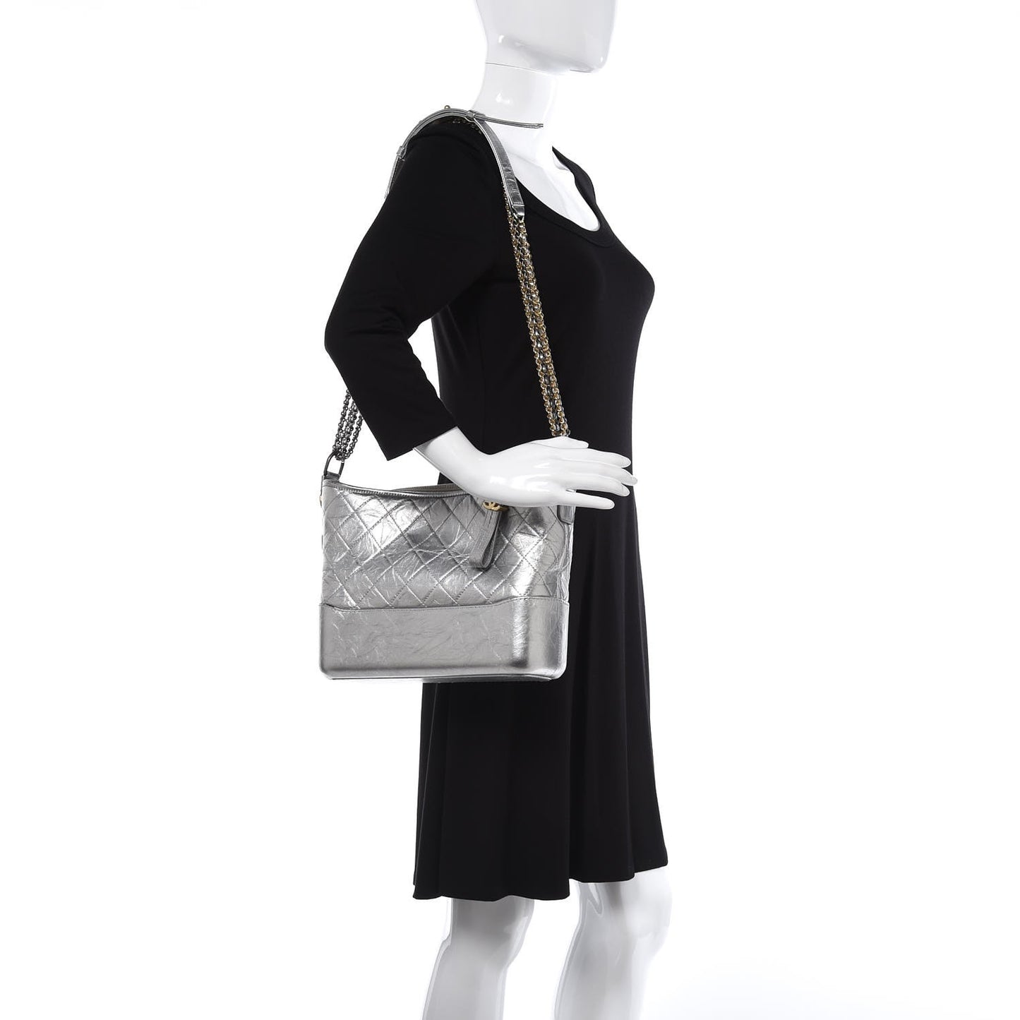 Metallic Aged Calfskin Quilted Medium Gabrielle Silver
