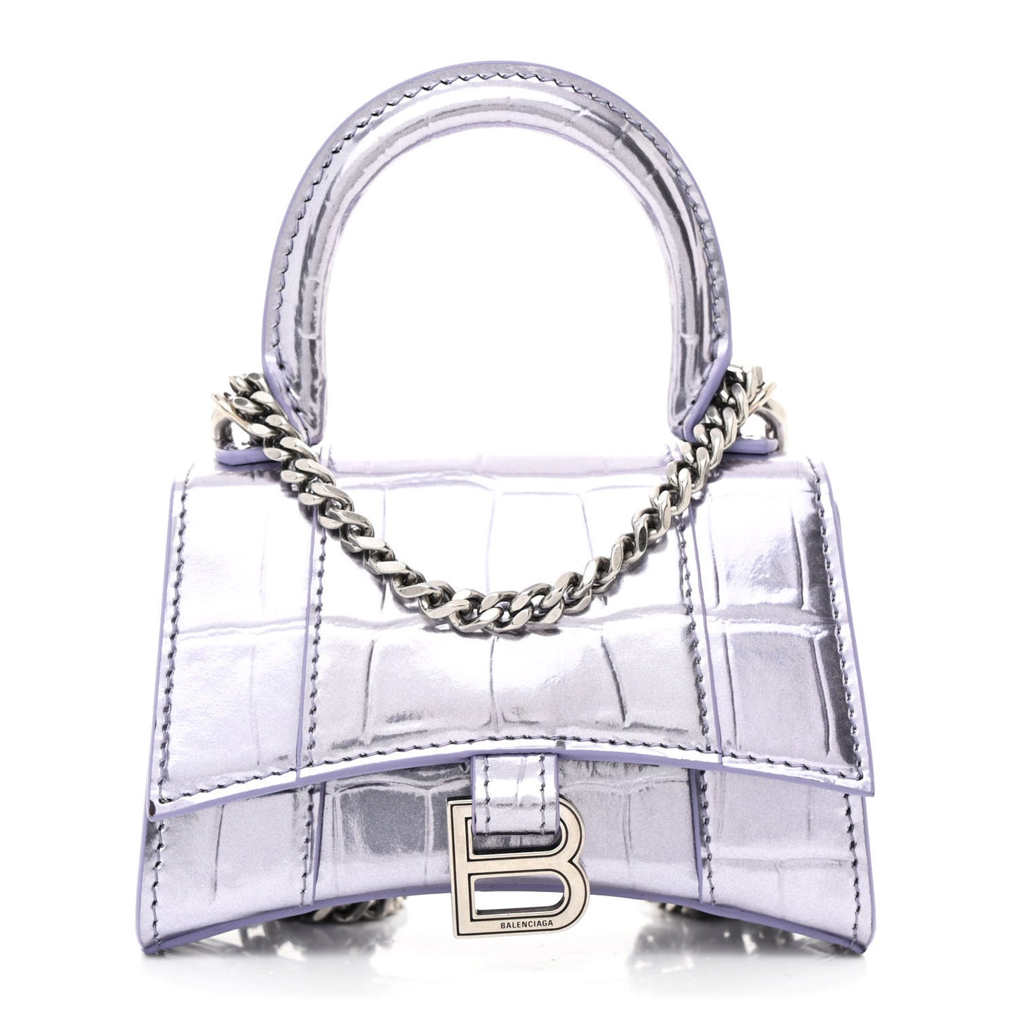 Metallic Calfskin Crocodile Embossed Hourglass Top Handle Bag Mini with Chain Lilac