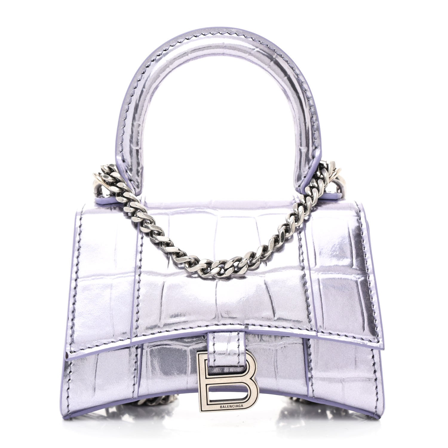 Balenciaga Metallic Calfskin Crocodile Embossed Hourglass Top Handle Bag Mini with Chain Lilac 1 of 11