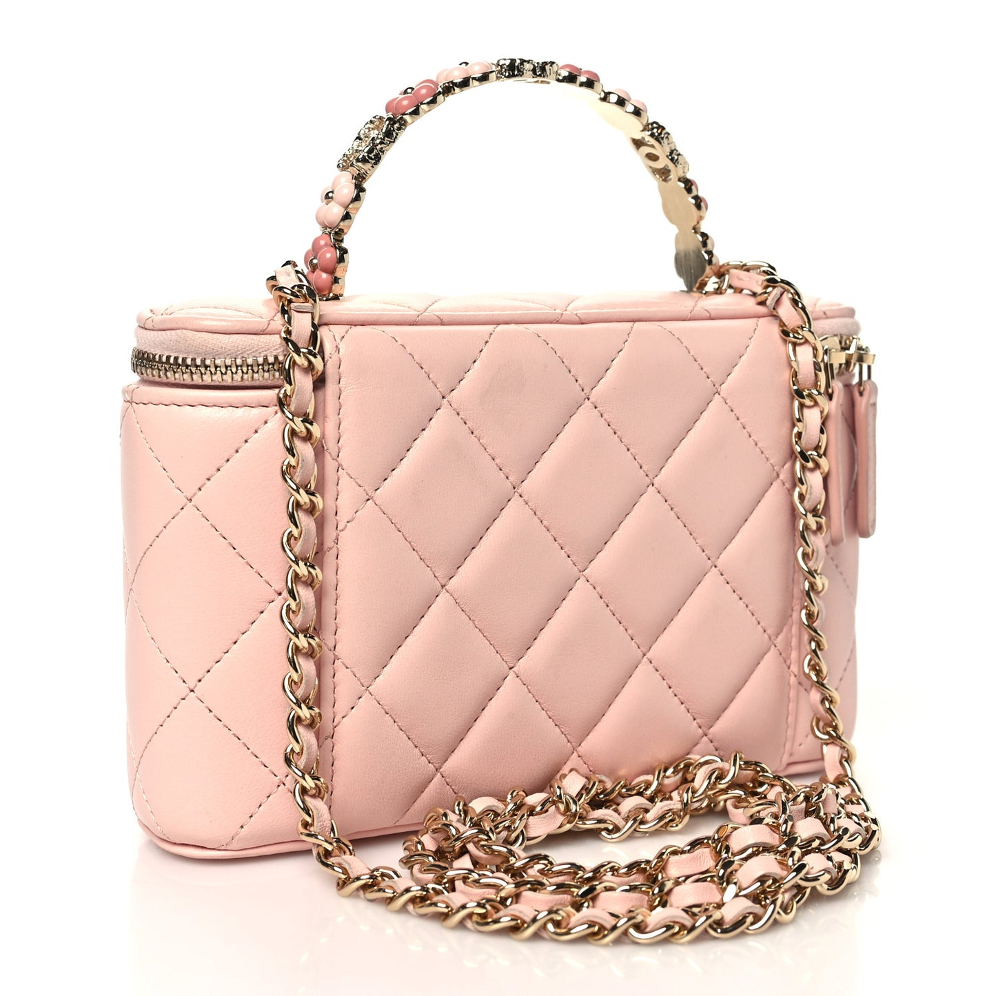 Lambskin Quilted Metal Enamel Flower Mini Top Handle Vanity Case With Chain Light Pink