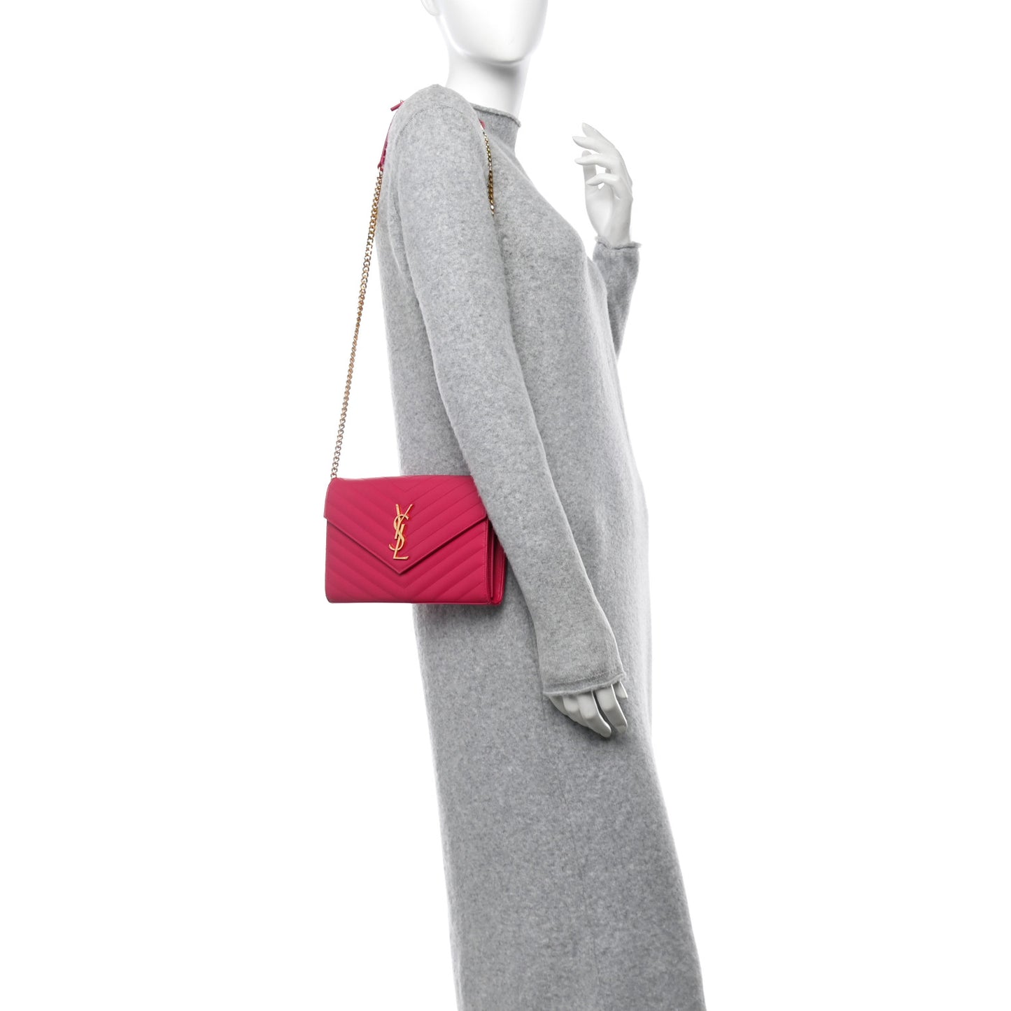 Grain De Poudre Matelasse Chevron Monogram Chain Wallet Lipstick Fuchsia