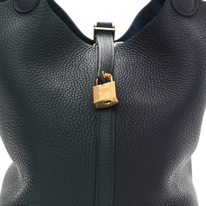 Hermes Taurillon Clemence Casaque Picotin Lock 22 MM Vert Cypres Bleu Nuit Black 8 of 11