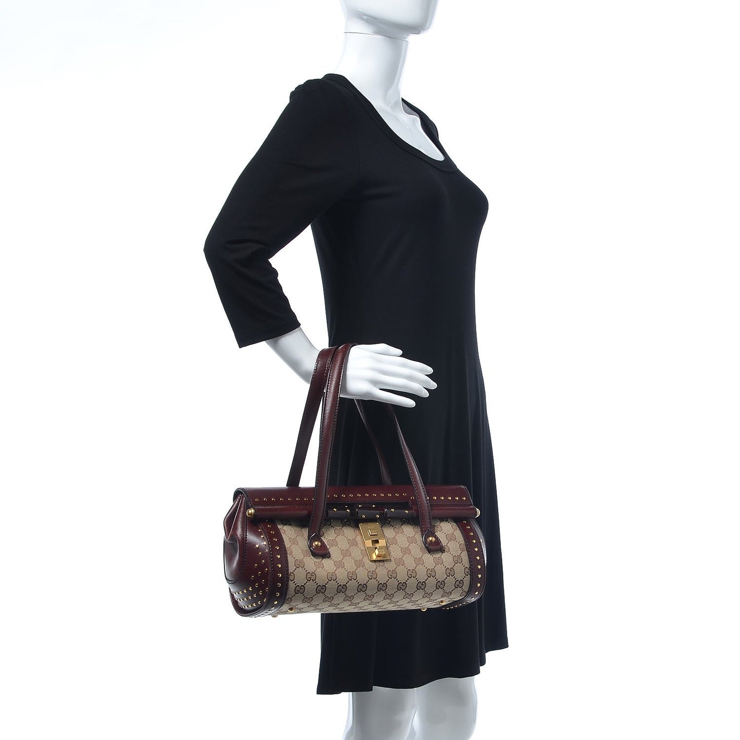 Monogram Studded Bamboo Bullet Satchel Burgundy