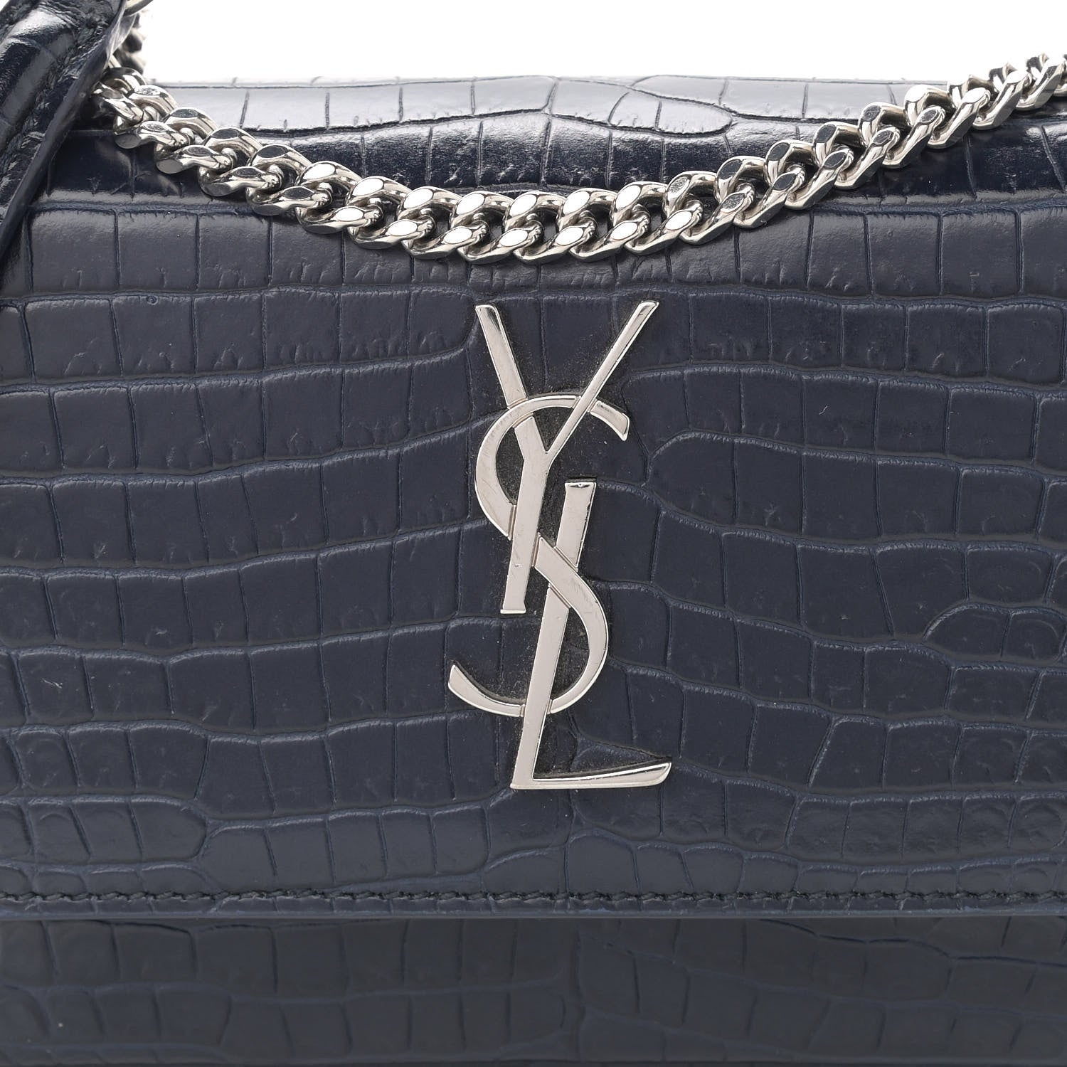 Saint Laurent Calfskin Crocodile Embossed Monogram Sunset Chain Wallet Navy 9 of 15