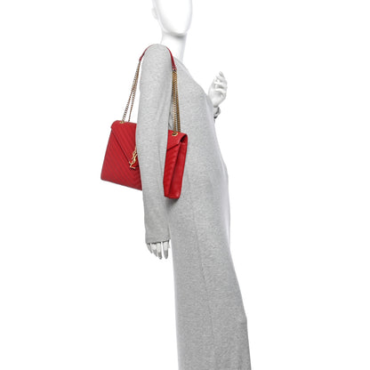 Saint Laurent Smooth Calfskin Matelasse Chevron Large Monogram Satchel Red 2 of 12