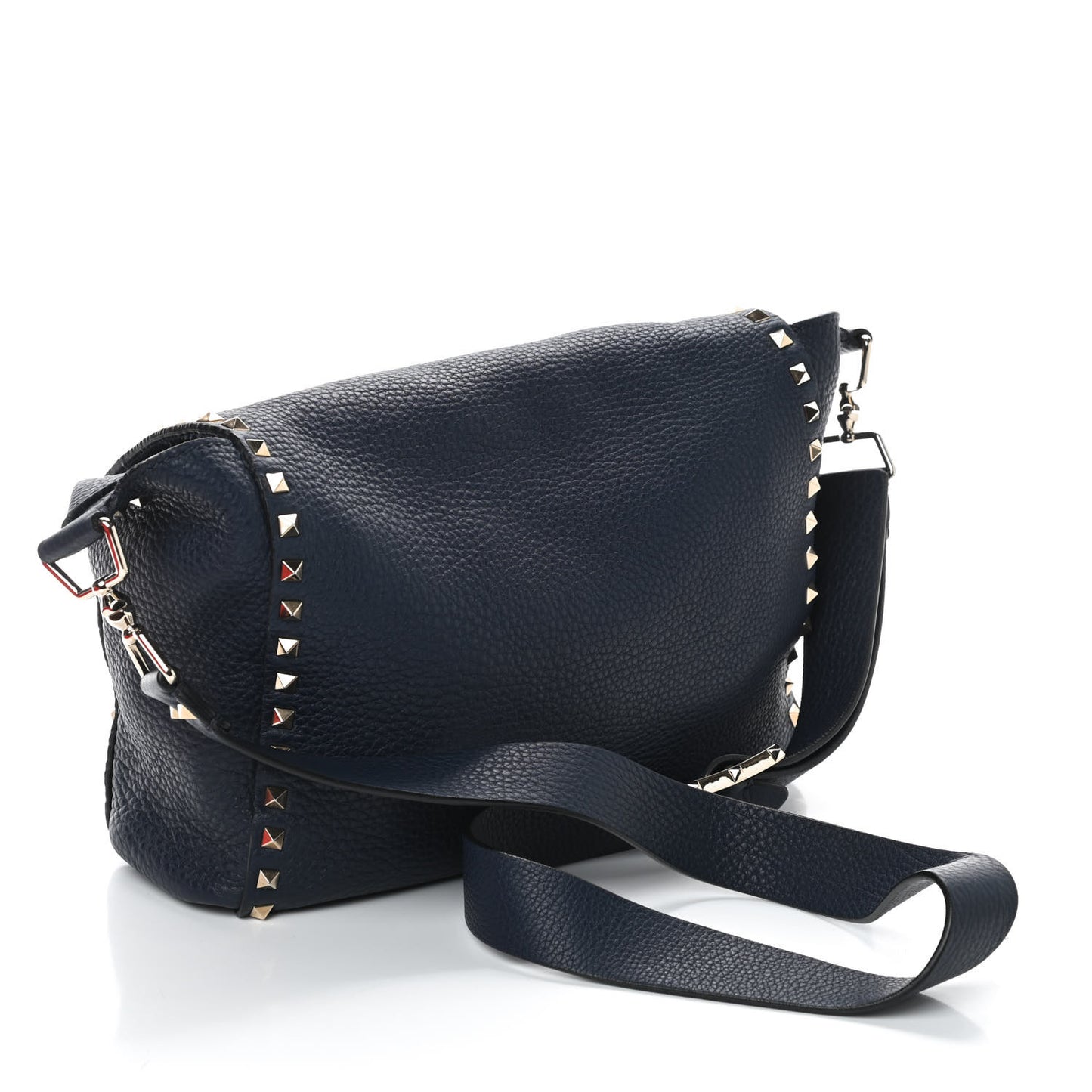 Pebbled Calfskin Rockstud Flip Lock Flap Messenger Satchel Marine