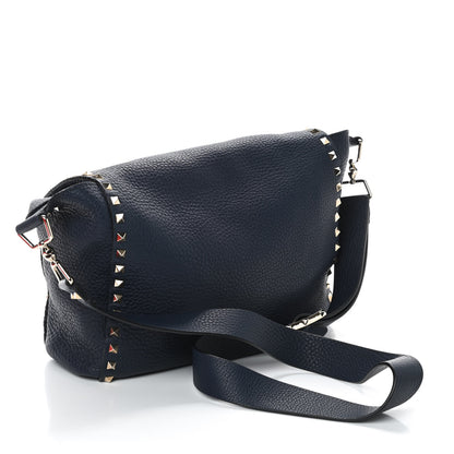 Valentino Garavani Pebbled Calfskin Rockstud Flip Lock Flap Messenger Satchel Marine 3 of 9