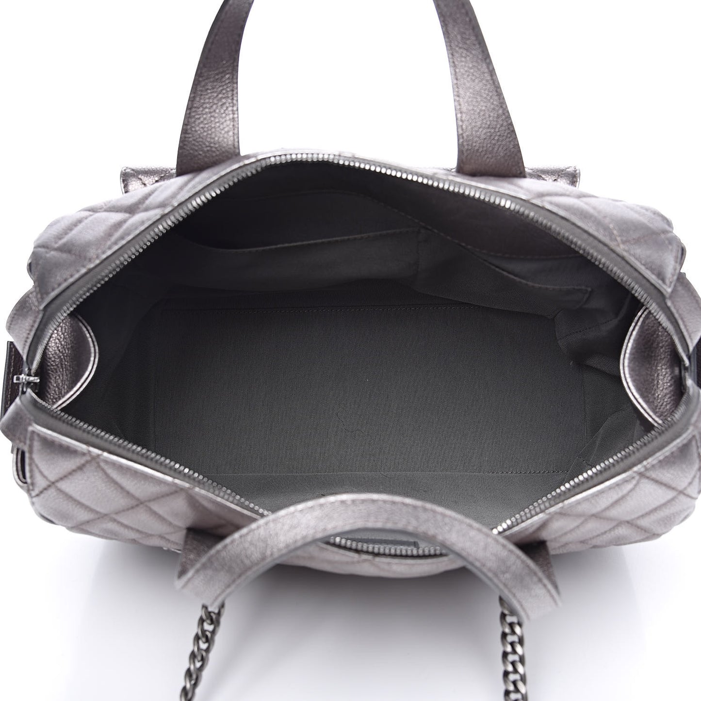 Metallic Grained Calfskin Quilted Large Casual Pocket Bowling Bag Silver
