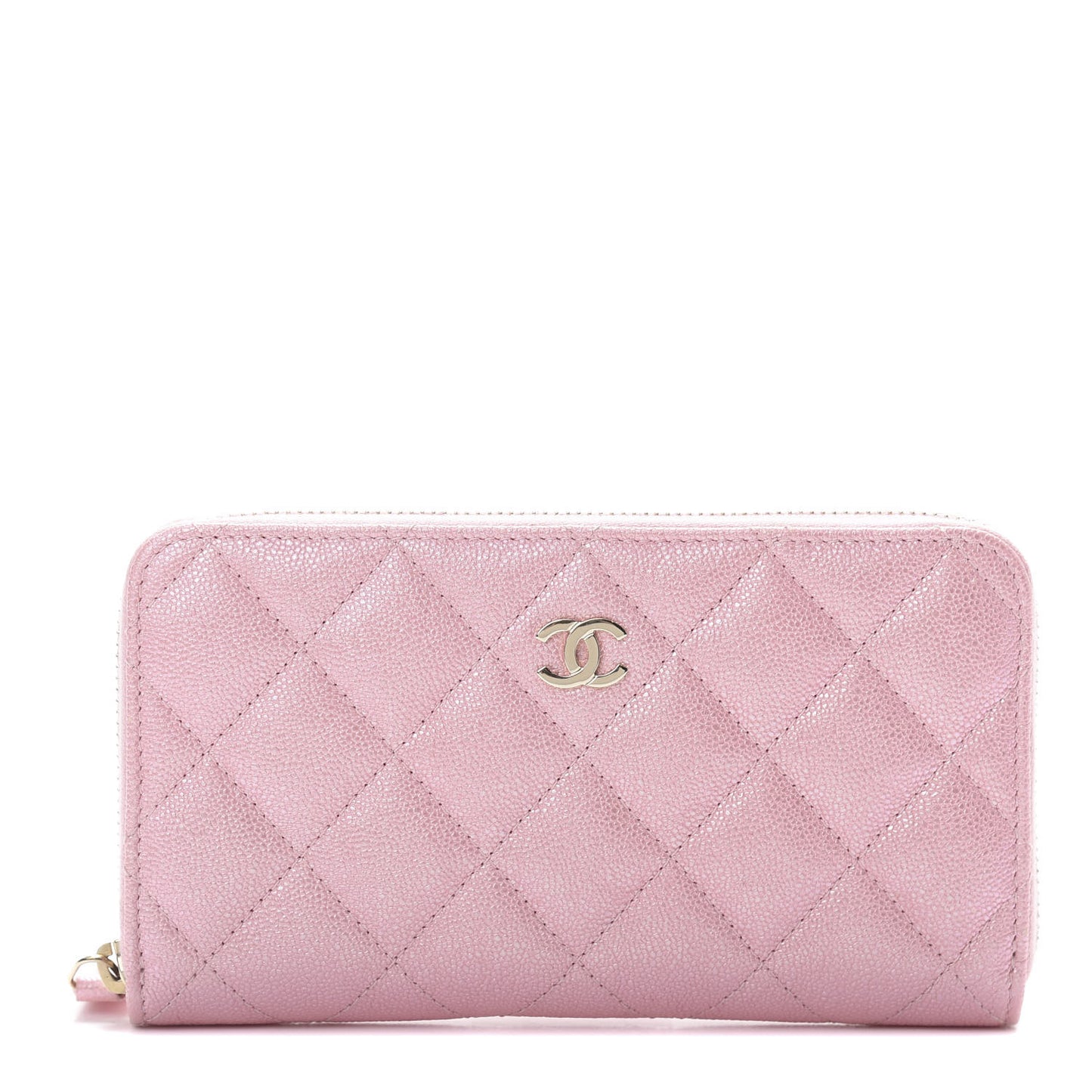 Iridescent Caviar Quilted Medium Zip Around Wallet Pink