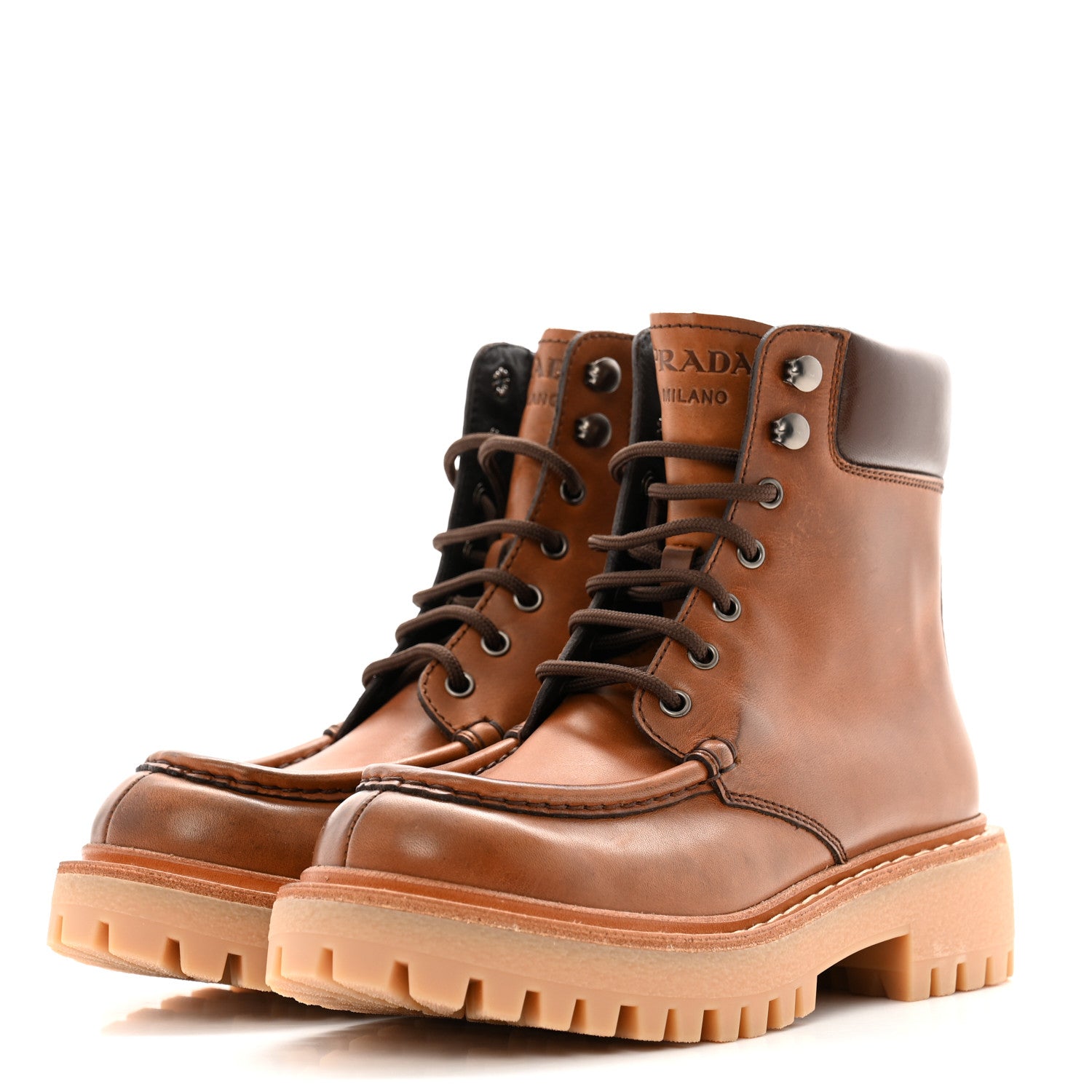 Prada Vitello Lace Up Boots 35.5 Cognac 4 of 12
