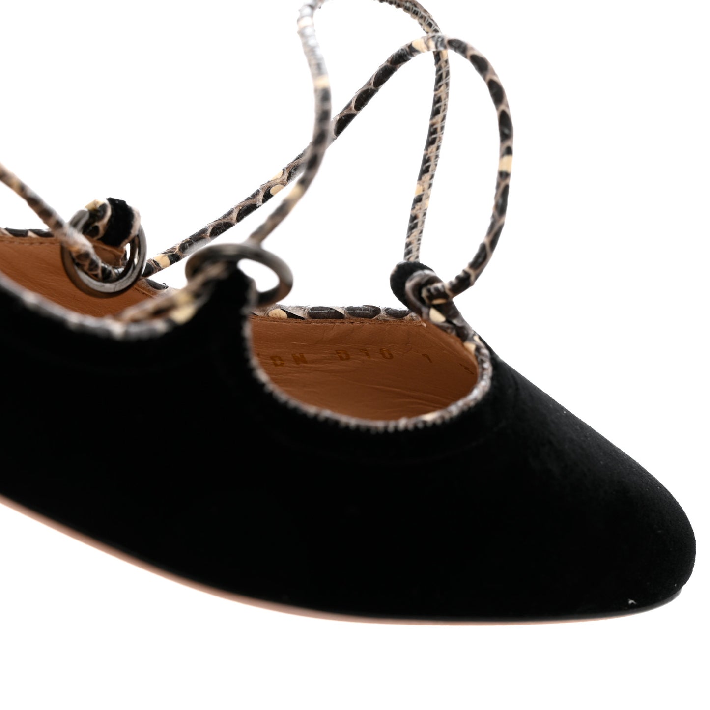 Calfskin Snakeskin Embossed Velvet Crossover Ballerina Flats 38 Black Roccia