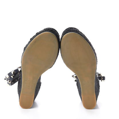 Valentino Garavani Grained Calfskin Rockstud Ankle Wrap Espadrille 15/85mm Wedges 35 Deep Denim 5 of 7