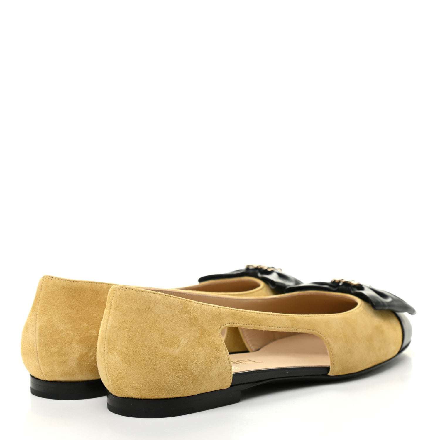 Chanel Suede Calfskin Lambskin Crystal Bow CC Ballerina Flats 36.5 Beige Black 4 of 9