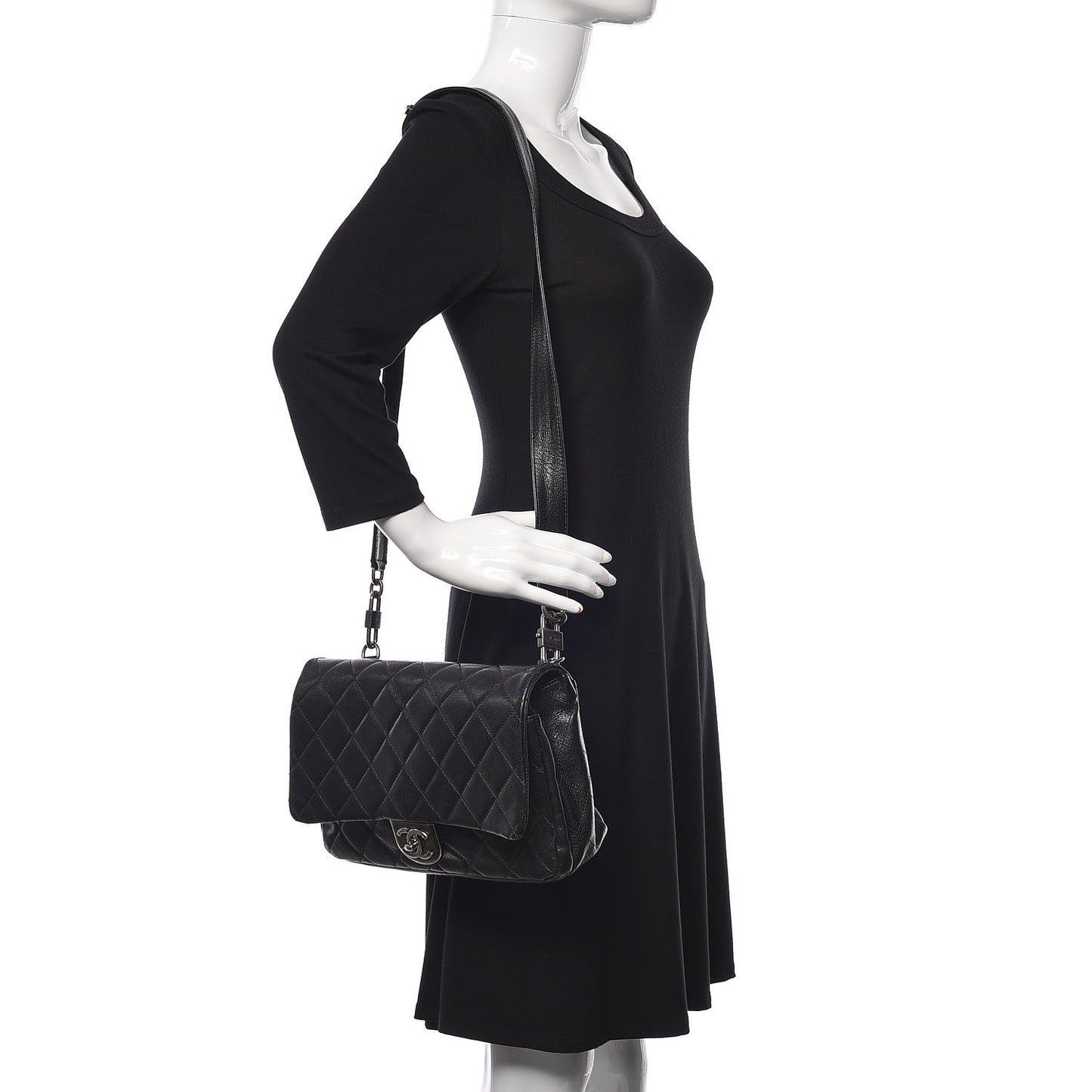 Shiny Goatskin Quilted Large Double Carry Waist Chain Flap Black