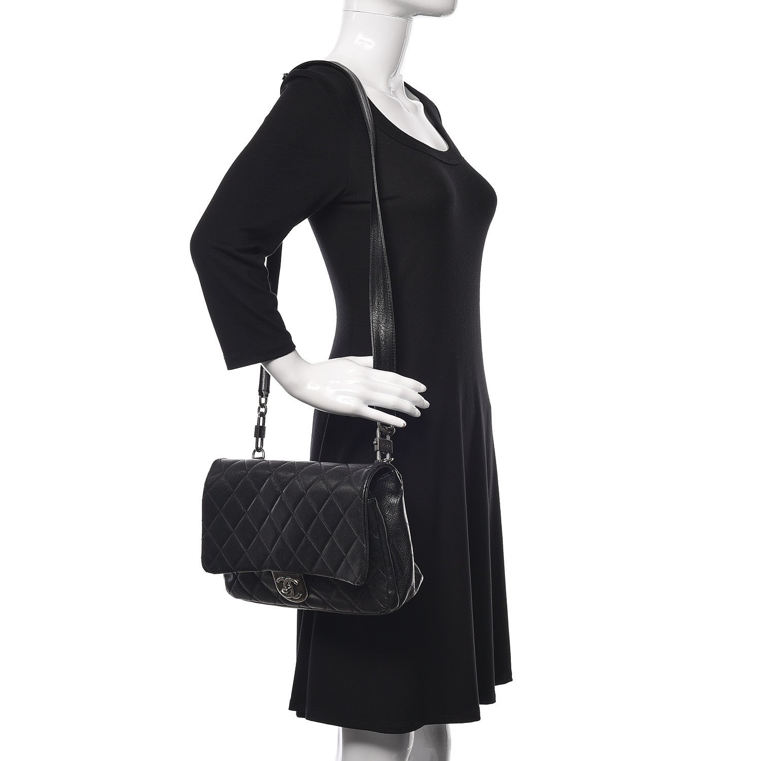 Chanel Shiny Goatskin Quilted Large Double Carry Waist Chain Flap Black 2 of 10