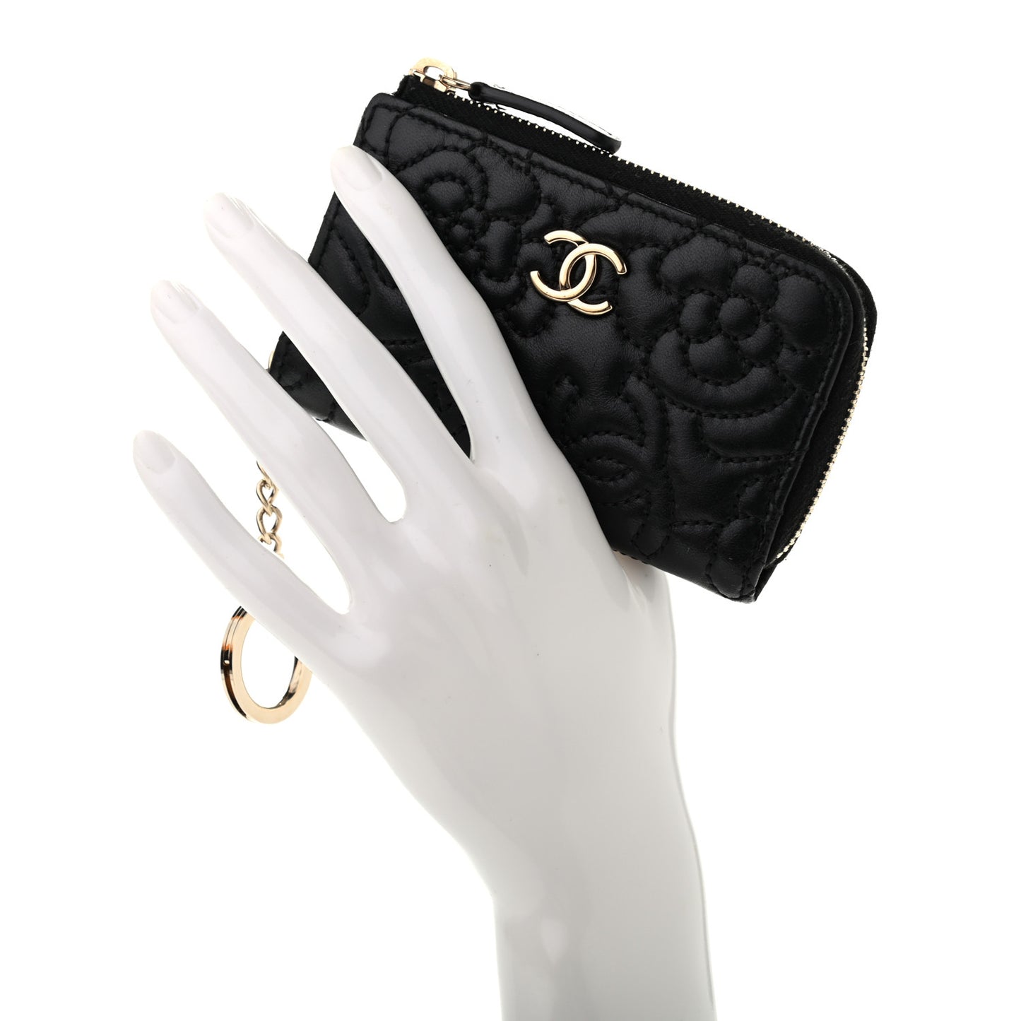Lambskin Camellia Embossed Key Holder Case Black