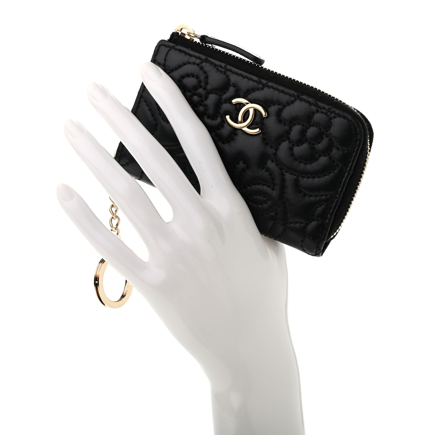 Chanel Lambskin Camellia Embossed Key Holder Case Black 2 of 9